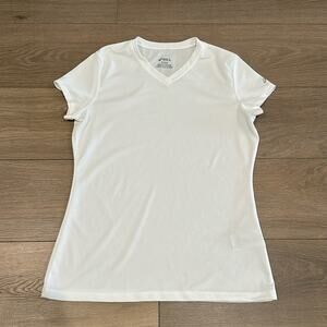 ASICS White Polyester Mesh V Neck Short Sleeve Running Active Tee Shirt Size‎ M